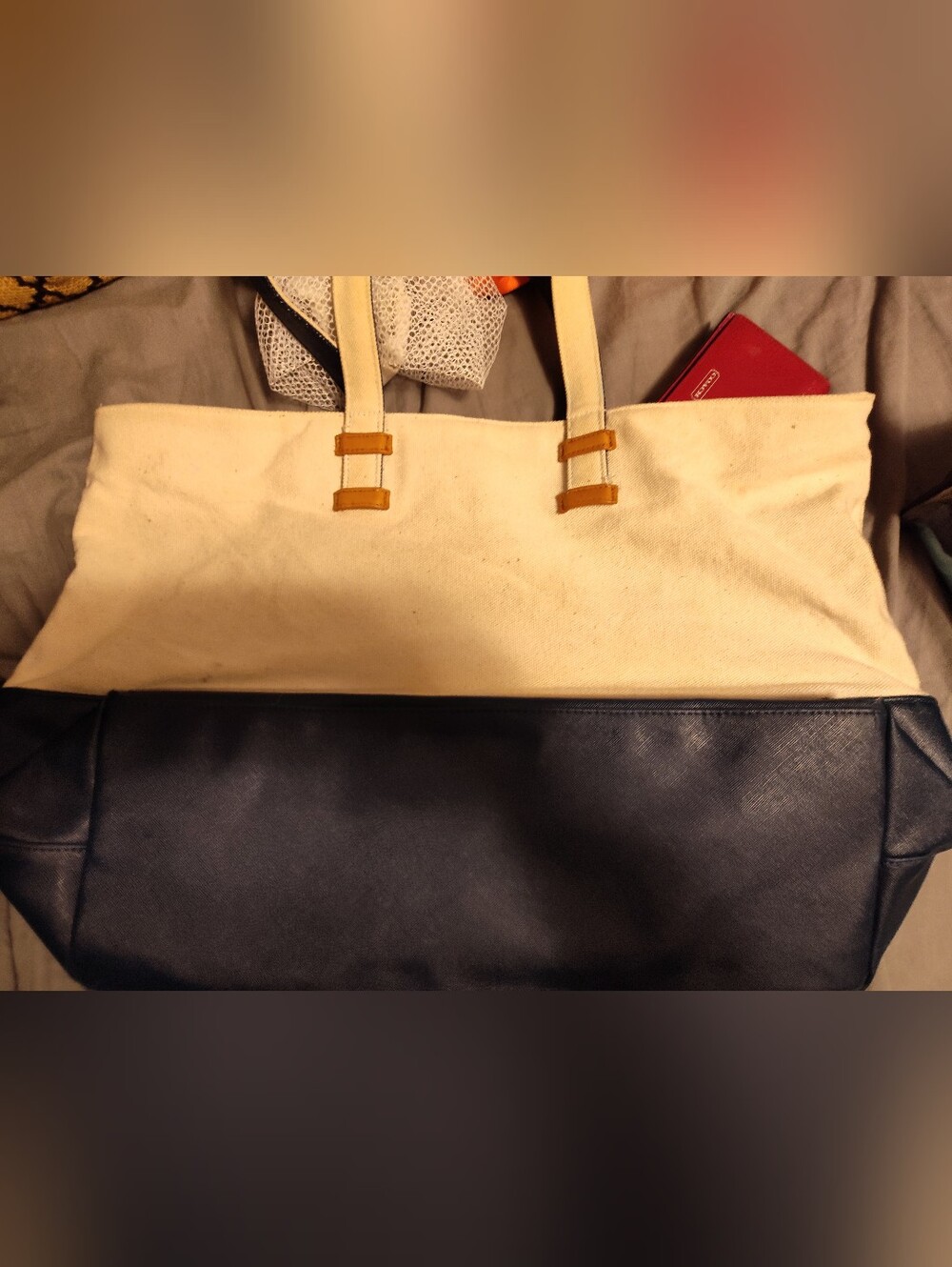Keep Collective Canvas and Navy Blue Tote Bag with Leather Accents
